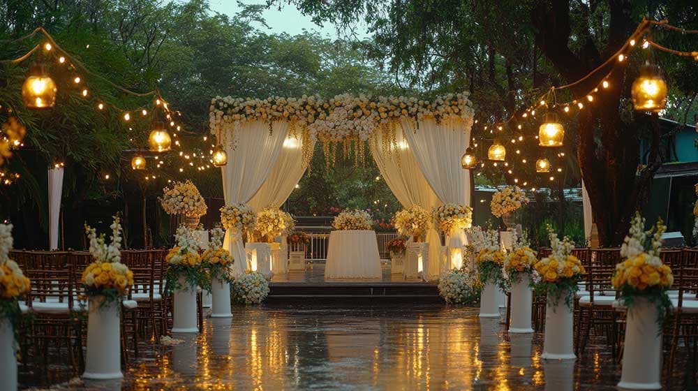 A bride and groom smiling in the rain